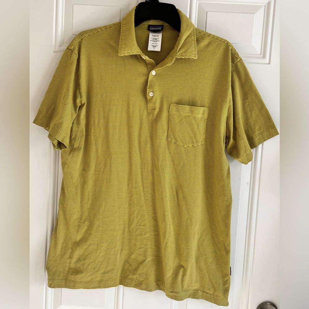 Patagonia Polo Shirt Mens Large Yellow Stripe Short Sleeve Organic Cotton Hiking - Picture 2 of 7